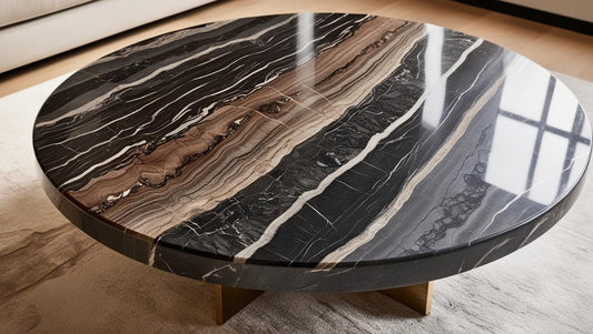 The Sorrento – Black and Brown Marble-Top Coffee Table with Six-Leg Wooden Stand